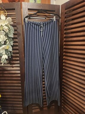 Y2K Striped Wearever Wide-Leg Pants with Ring Detail - Navy